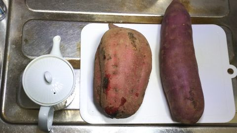 急須と大きさ比較。横幅が太いサツマイモと、やけに長いビッグサイズのサツマイモ。