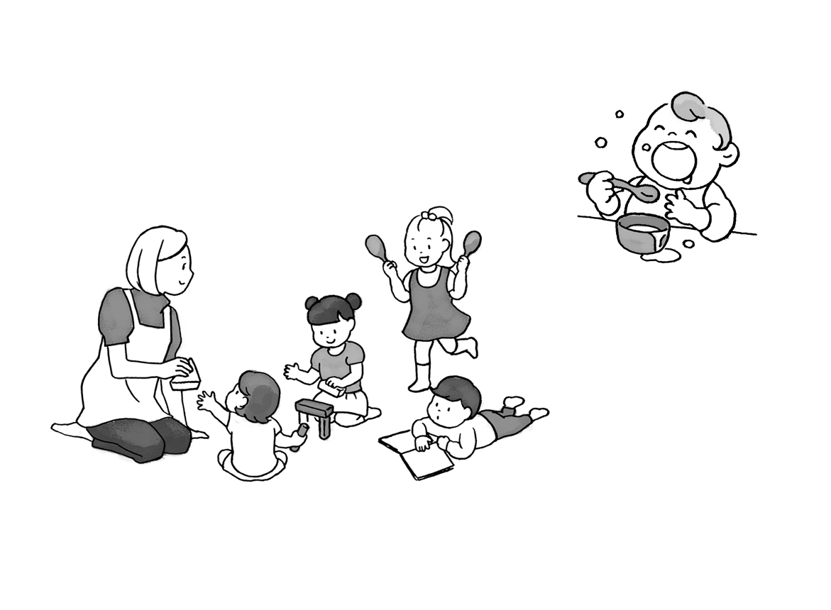 挿絵2点。左は、積木をしたり絵本を見たりしている4人の園児と、遊びつつ見守っている保育士。右は、スプーンでお椀の中身を撒き散らしながら食事する幼児。