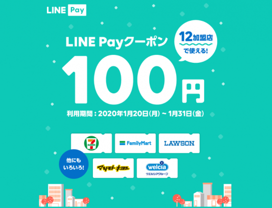 LINE Pay(R2.1.20～31 12加盟店で使える!100円ｸｰﾎﾟﾝ配布!①)